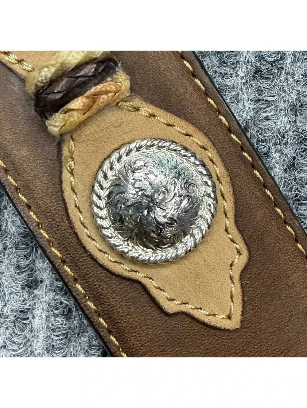 Justin Belt Mens 38 Brown Leather Western Concho Studded Engraved Silver Buckle